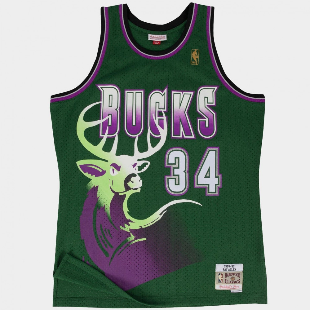 MITCHELL &amp; NESS MILWAUKEE BUCKS'96 RAY ALLEN #34 SWINGMAN 2.0 JERSEY GREEN/PURPLE